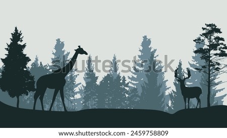 Black silhouettes of north forest. Deer and trees black and white