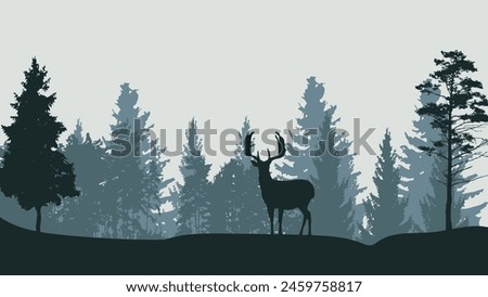 Black silhouettes of north forest. Deer and trees black and white