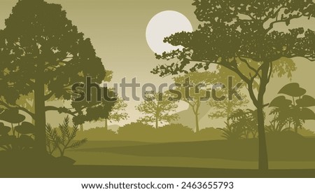 2d illustration. Trees in the fog. Deep forest haze. Hills covered by plants and foliage. Shrubs and bushes. Majestic view. Deep forest.