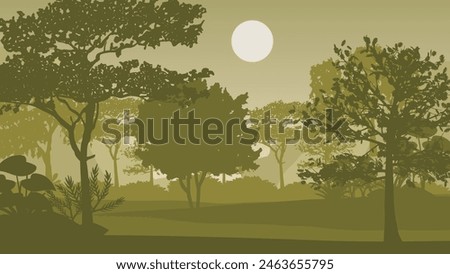 2d illustration. Trees in the fog. Deep forest haze. Hills covered by plants and foliage. Shrubs and bushes. Majestic view. Deep forest.