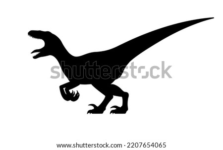 Growling dinosaur velociraptor silhouette. Vector illustration of a black snarling velociraptor dinosaur isolated on white. Logo icon, side view.