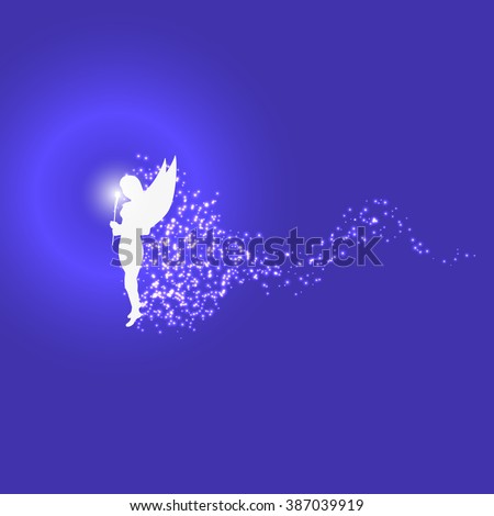 Vector illustration of a forest fairy or elf. Blue background. Magic pixy dust.