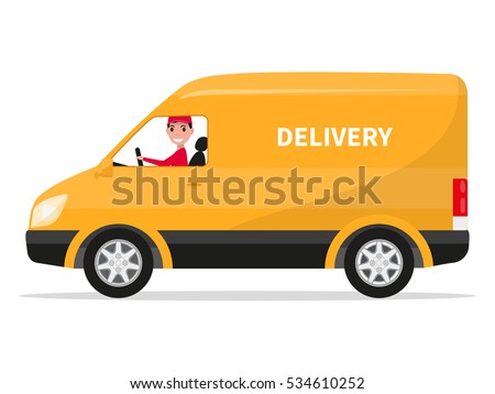 Cartoon delivery truck van with courier isolated on white background. Vector illustration of yellow truck delivery. Courier sitting in the van car. Cargo auto. Flat style. Side view, profile.