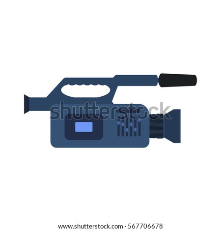 Vector illustration of a professional video camera icon. Isolated on white background. Camcorder side view, profile. Technique for removal of film and video. Flat style.