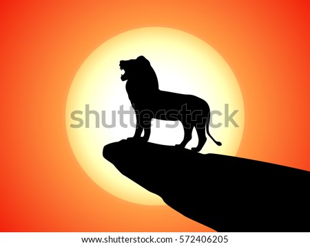Vector illustration of black silhouette of a snarling lion on a rock. Against the background of the sunset. Lion side view profile.