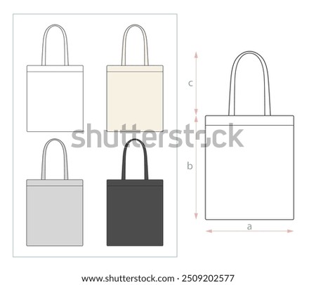 Hand drawn vector illustration of blank tote bag on white background. Template fabric bag. Canvas shopping bags. Mock up. Editable colors. Editable background.