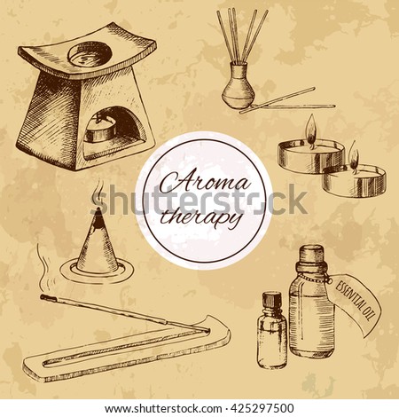 Set for aromatherapy. Treatment of essential oils. Relaxation and recreation. Incense sticks and oil burner. Sketch by hand. Vintage style. Vector