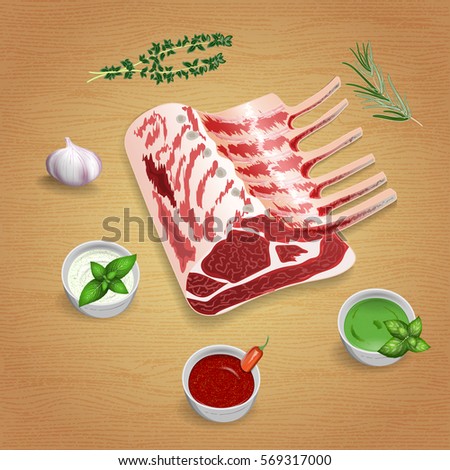 Crude organic lamb chops with herbs and sauces on the board. For use as logos on cards, in printing, posters, invitations, web design and other purposes.