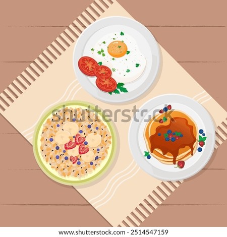 Concept of healthy breakfast . Three breakfast options:eggs with tomatoes and parsley;pancakes with berries ; porrige with fruit and seeds. Vector illustration on beige, brown background.