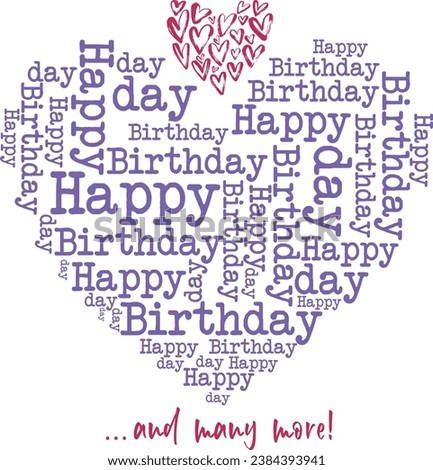 Purple Happy Birthday word cloud with rose colored heart-filled heart shape plus 