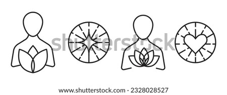 Wellness spa beauty icon set collection. Person holding lotus flower relaxed and clam doing spiritual yoga. Pure love or soul aura or aroma sign vector. Sacred zen light energy coming out from heart.