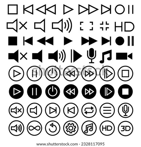 multi media player button icon set collection. Streaming video or movie film start stop and pause, resume buttons navigation sign. Vector outlined flat symbol of mute, sound, volume menu web app ui.