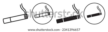 Cigarette symbol icon set in black and white round circle set collection. Flat outlined cigar prohibition area in no smoking sign. Harmful tobacco ban harmful forbidden logo label. Smoker free habit