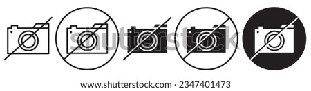 No Photo symbol Icon. No permission to shoot any location on shutter frame of camera or through use mobile. Vector set of recording any video or photography is strictly not allowed. 