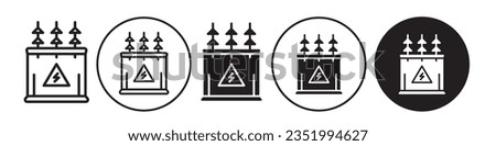 Electric Transformer Icon. Symbol of high voltage current power transmission sub station distribution channel on wire cable. Vector set of electricity transfer supply by industrial grid 