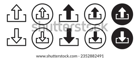 Upload Icon. Download file or data symbol. Vector set of document transfer to database server online through internet. Flat outline of send or receive cloud file save or send in email inbox web sign