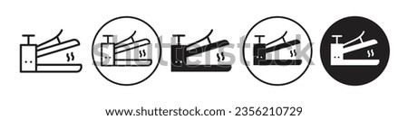 Heat press icon. Cloth or hair straightener electric machine tool symbol. Vector set of household hand iron device. Flat outline of electronic hot steam packaging seal maker. Plastic bag sealing logo 
