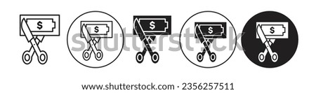 Salary deduction icon. money reduction of job income symbol. Vector set of decrease in bill payment or loan. Flat outline of relief in operation cost. price split or low debt logo. scissor to cut tax