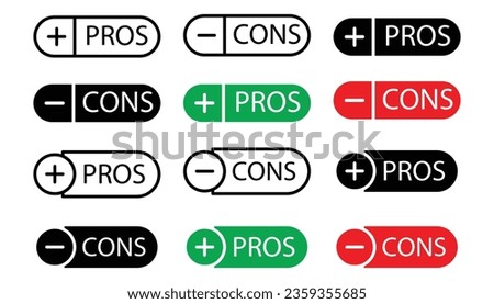 Pros and cons icon. Advantages and disadvantages of product comparison symbol. Positive and negative element of business vector. Plus and minus check mark sign.