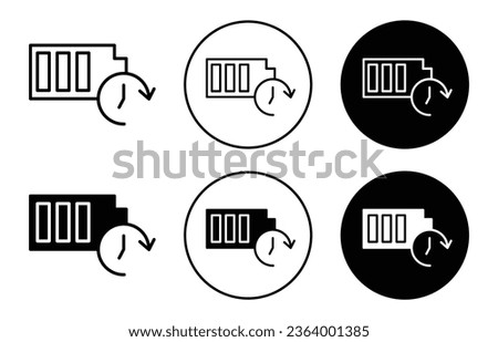 Long Battery life icon. Durable electric battery cell with full charge symbol. Electrical power cell with long life vector set. Battery recharge time line icon.