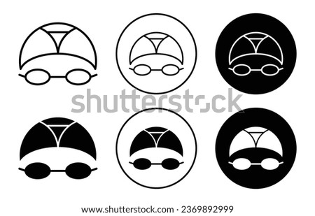 Swimming hat and glasses icon. Swim suit or eye protection eyewear for swimmer athlete symbol set. Swim cap with goggle glasses with face mask vector sign. Swimming hat or glasses line logo