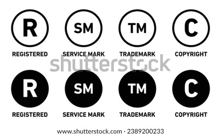 Copyright Icon Registered Icon Trademark icon Service mask Icon. Cm, r, sm, c, tm registration symbol set. Intellectual property right protected by business copyright or trademark registration vector 