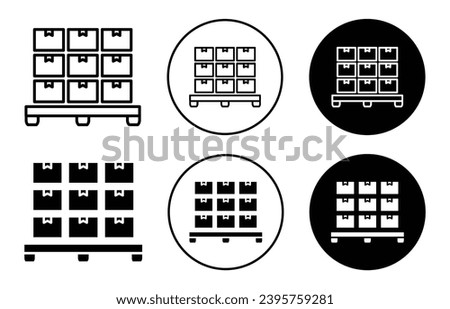 Pallet icon. shipping freight cardboard delivery box or packaging on wooden rack symbol set. storage container pallet in warehouse for cargo wholesale vector line logo. forklift package box pallet sig