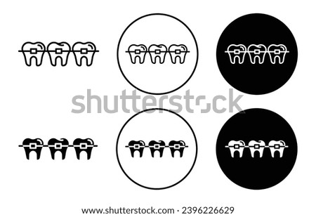 Braces icon. tooth or mouth teeth alignment bracket or braces symbol set. Oral dental stomatology for teeth aligner or tooth correct position by orthodontist vector line logo