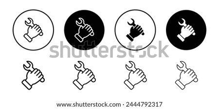 Spanner in hand for repair or fix work of mechanical or construction icon. wrench equipment use by repairman of machine symbol.