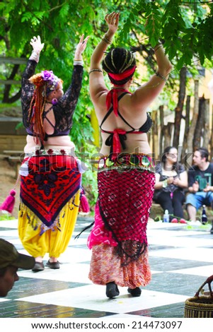 MUSKOGEE, OK - MAY 24: Dancer dressed as a Gypsy perform a belly dance at the Oklahoma 19th annual Renaissance Festival on May 24, 2014 at the Castle of Muskogee in Muskogee, OK.