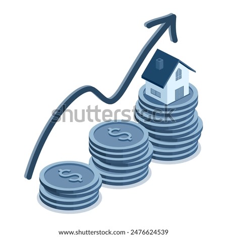 isometric business real estate investment and financial with raising graph for save money to buy house. flat illustration vector blue style isolated on white background.