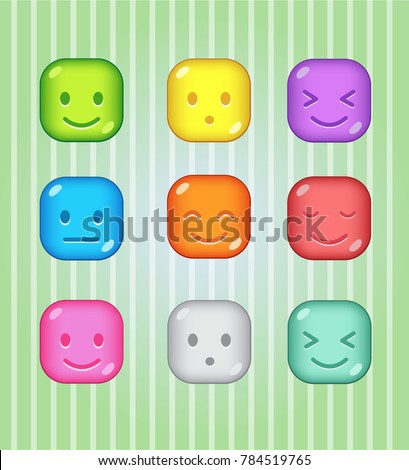 Block puzzle colorful candy button glossy jelly in different color. 2d asset for user interface GUI in mobile application or casual video game. Vector for web or game design. Decorative GUI elements