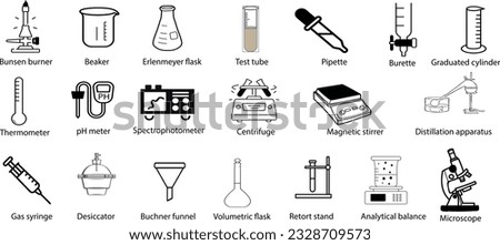 A set of 20 essential chemistry icons. Bunsen burner, Beaker, Erlenmeyer flask, Test tube, Pipette, Burette, Graduated cylinder, Thermometer, pH meter, Spectrophotometer, Centrifuge, Microscope