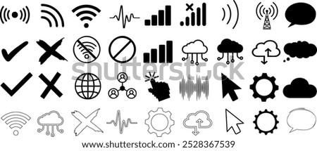 network and technology Icon symbols, , connection, cloud, signal, WiFi, technology, communication vector isolated graphic set, internet, data, interface, mobile, wireless, digital symbol