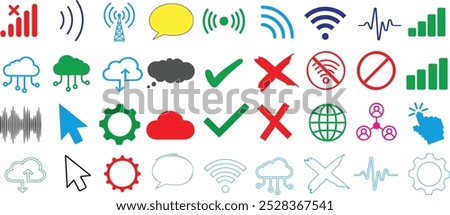 Network technology icons, WiFi, cloud upload, signal strength, communication, and settings. Perfect for technology, digital communication, internet connection, and data transfer visuals