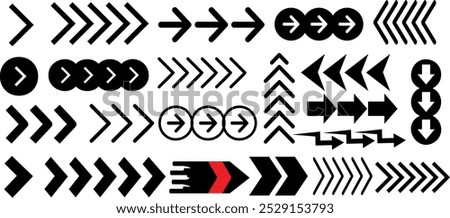 swipe icon vector set, Arrow icons, circular arrows, chevron symbols, and directional graphics emphasizing motion and flow. Perfect arrows for modern graphic layouts or navigational design