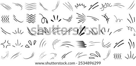 Abstract line movement elements in dynamic vector designs. Featuring curved, wavy, and flowing lines, these black sketch strokes depict energy and motion, ideal for animation, design accents