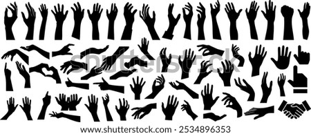 Hand gestures silhouette collection, showing various hand movement poses, pointing, handshake, and reaching hands for design, communication symbols, body language, vector graphics