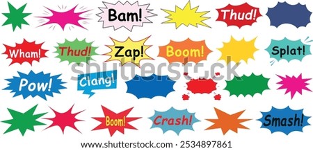 Comic speech bubble vector, comic book sound effects, colorful pop art design with Bam, Thud, Zap, Boom and more in explosion shapes, perfect comic boom for action theme graphics, retro design