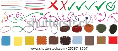 Colorful hand drawn doodle element set with check marks, crosses, arrows, underlines, circles, squares, brush stroke icons for visual notes, presentations, creative design, and education