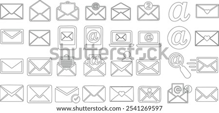 Email icons line art, envelope symbols, and digital communication illustration for web design, interfaces, messaging apps. Vector icons for email notifications, letters, and communication tools