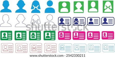 id card vector, user profile icons and avatar symbols in various styles and colors. Simple id card silhouettes, outline profiles, and ID card designs. Ideal for digital identity, contact info