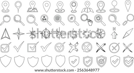 line Icons of map pins, magnifying glasses, navigation stars, checkmarks, shields, and crosses. Vector set perfect for web, apps, location, search, security, and approval designs