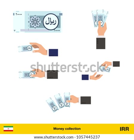 Set of Iranian rial banknote. Holding, throwing Iranian rial banknote.

