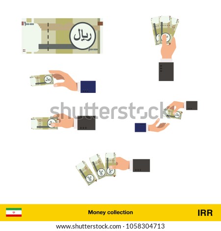 Set of Iranian rial banknote. Holding, throwing Iranian rial banknote.