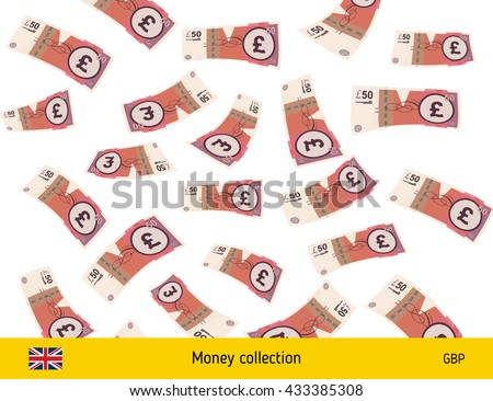 Flying British pound banknote. Money rain. Falling pound