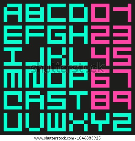 Minimalist rectangular pixel vector font. Small set of monospace capital letters and digits. Modern cybernetic display typeface.