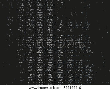 Corrupted source code. Modern vector illustration about computer security. Abstract ascii glitch background. Fatal programming error. Buffer overflow problem. Random signal error. Element of design.