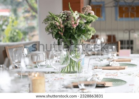 Image, Stock Photo empty wine glasses. Beautiful new glasses for wine from glass stand in even rows on a wooden table in a restaurant. selective focus