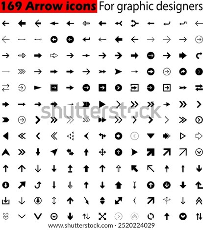 169 Arrow Symbols icons For graphic designers Black color Arrows Icons Left Right Up Down Next Forward Back Backward Button